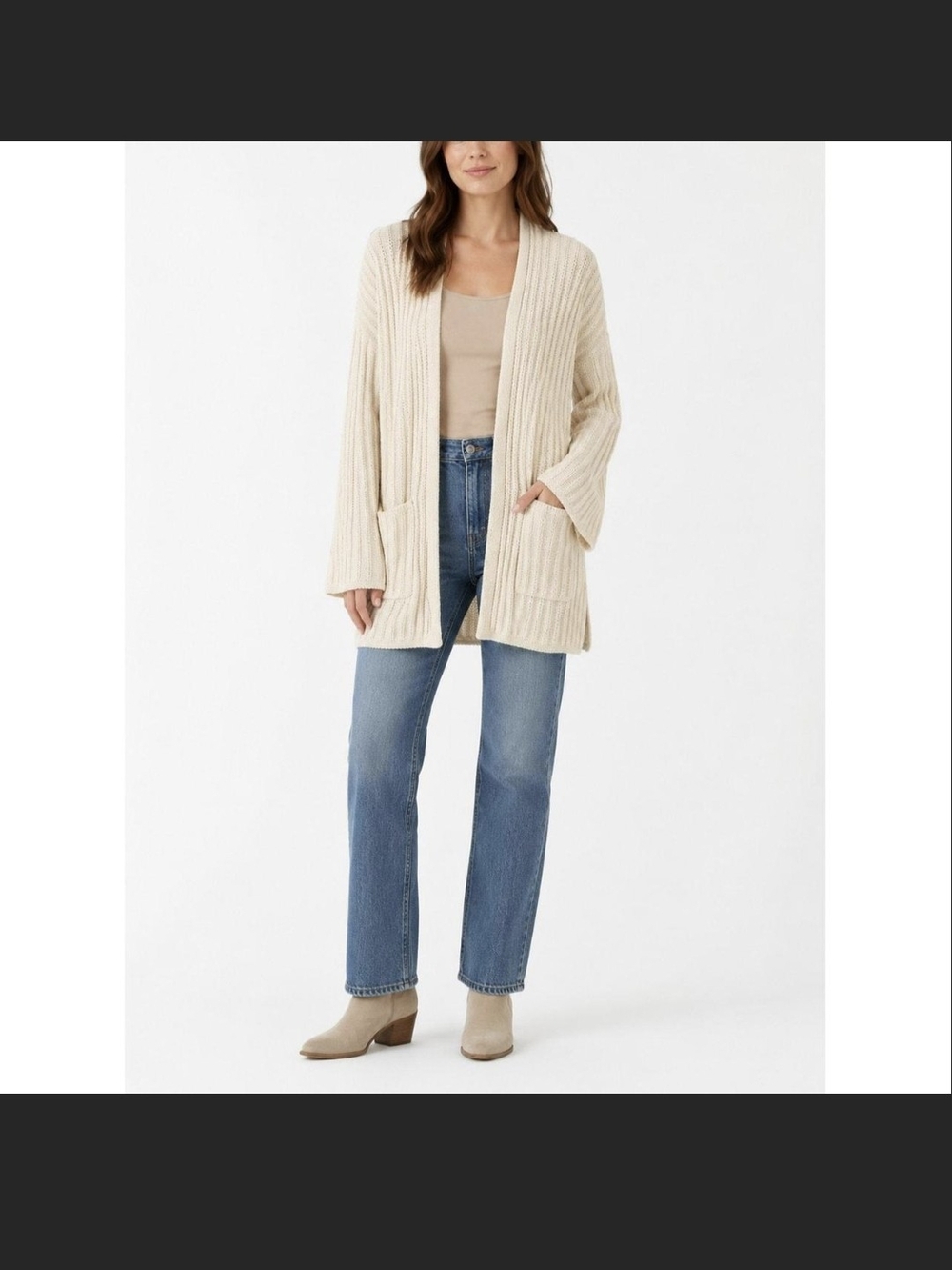 American Eagle Outfitters Open-Front Ribbed Cardigan in Cream